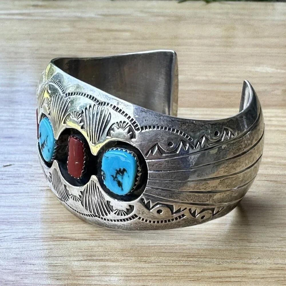 VTG Navajo Pauline‎ Benally Size 6.25 Bracelet Turquoise Coral Sterling 52.2g